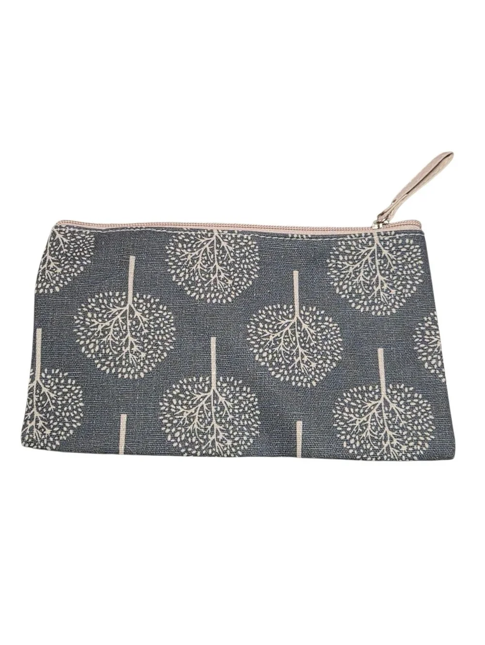 Handmade Tree Print Zipper Cosmetic Makeup Bag Gray Beige